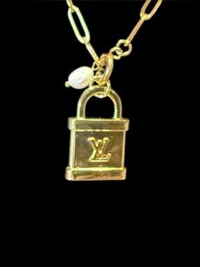 Louis Vuitton Gold Padlock Necklace with Pearl Accent